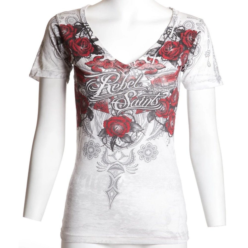 Rebel Saints AFFLICTION Womens T-Shirt SOPHIA Guns Tattoo Biker - Picture 4 of 7